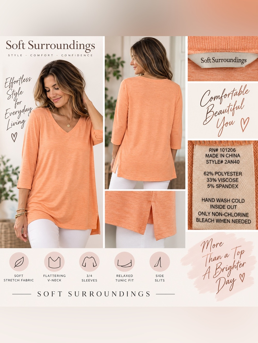 Soft Surroundings Large Peach V-Neck Tunic Top 3/4 Sleeve Stretch